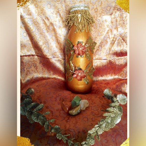 Hand Crafted Upcycled Glass Bottle Autumn Blossoms Gypsy Bottle Artisan - Picture 1 of 8